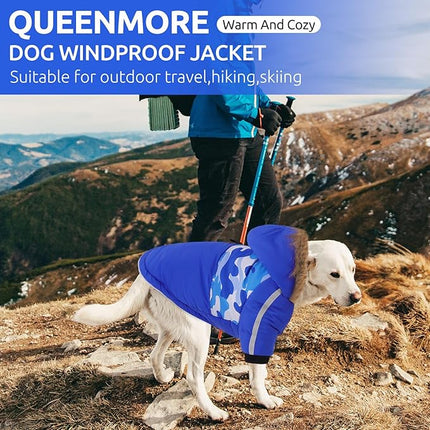Queenmore Warm Dog Winter Coat, Cold Weather Waterproof Dog Snow Jacket, Reflective Dogs Hoodie with Long Sleeves for Small Medium and Large Dogs