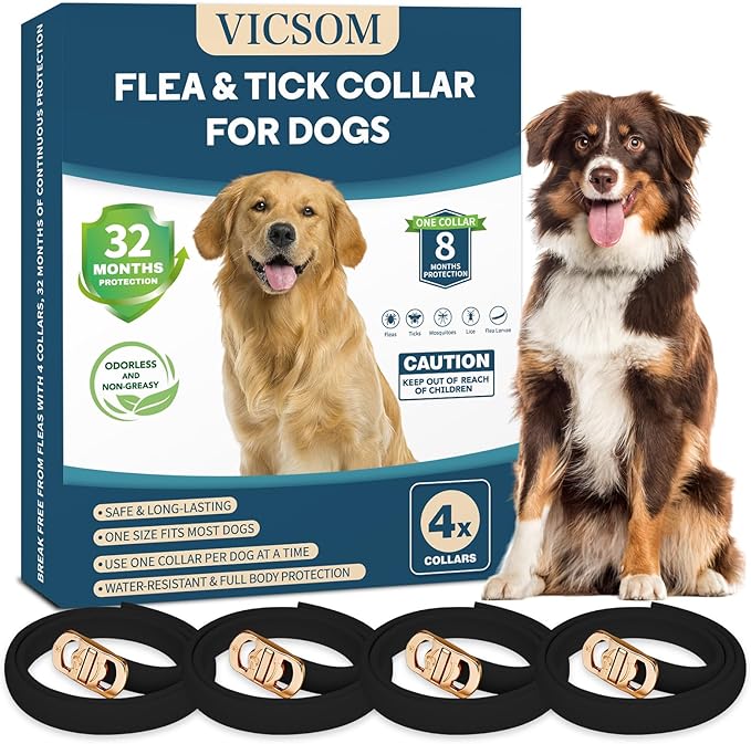 4 Pack Flea Collar for Dogs, Dog Flea and Tick Collar 32 Months Flea and Tick Treatment for Dog, Waterproof Adjustable Dog Flea and Tick Prevention Collar for Small Medium Large Dog Puppy, Black