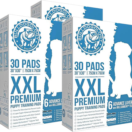 Bulldogology Puppy Pee Pads XXL with Adhesive Sticky Tape - Extra Large Dog Puppy Pads (30x30) Puppy Pads Pet Training Pads with 6 Layers Quick Dry Bullsorbent Polymer Tech (90-Count, White)