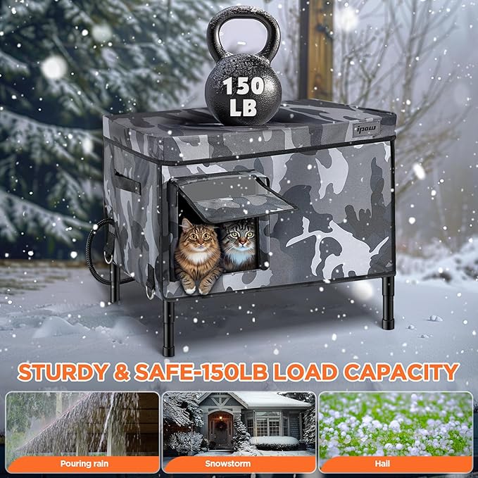 IPOW Extra Large Heated Cat House for Outside 6 Layers Ultra Sturdy Cat Houses for Outdoor Cats, 100% Waterproof with 900D Oxford Fabric & Fully Insulated Weatherproof Heated Plush Pad