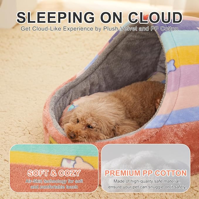 Jiupety Cute Cat Beds for Indoor Cats, Cat Cave Bed for Kittens, Hideaway Cat House for Cats & Small Dog with Anti-Slip Bottom, Washable Removable Cushion, L(19"x17"x16"), Rainbow