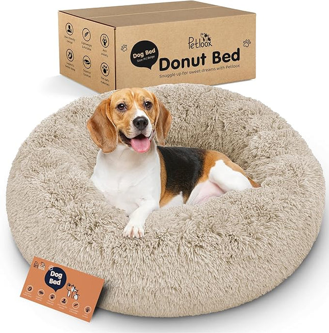 Donut Dog Bed - Premium Comfort for Anxiety Relief - Fluffy & Calming Design with Ultra-Plush Support | Cozy Round Dog Bed with Super Soft Circle Style (Beige, Medium)