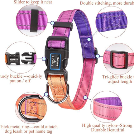 Roses&Poetry Reflective Dog Collar and Leash for Large Dogs, Purple Collars with Leashes Set, Adjustable Durable Pet Personalized Collars Leash for Medium Large Dogs （Mistyrose-L