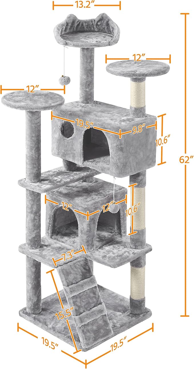 Yaheetech Multi-Level Cat Tree Cat Tower for Indoor Cats Cat Condo Furniture with Sisal Scratching Post, 61in, Light Gray