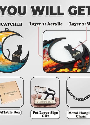 Cat Memorial Suncatcher Personalized Name Pet Ornament Window Car Hanging Sympathy Gift for Loss of Pet Bereavement Keepsake Remembrance Gifts for Cat Lovers Outdoor Decor
