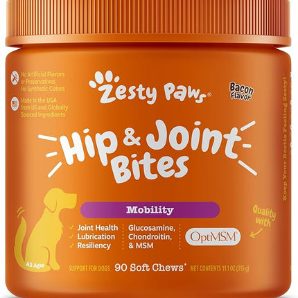Zesty Paws Hip and Joint for Dogs, Glucosamine for Dogs Hip and Joint Supplement with Chondroitin, MSM, Vitamins C & E - Bacon, 90 Count