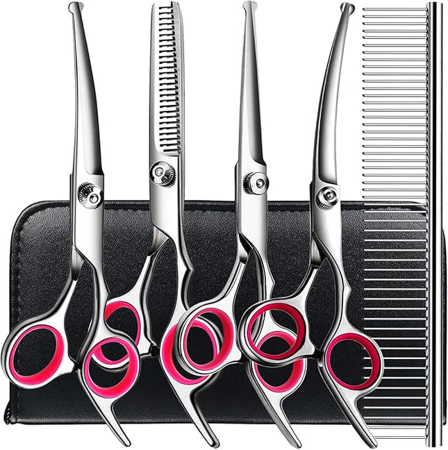 6 in1 Professional Dog Grooming Scissors Kit, Dog Shears for Grooming with Safety Round Tips, Titanium Coated Grooming Scissors for Dogs Cat Pet At Home