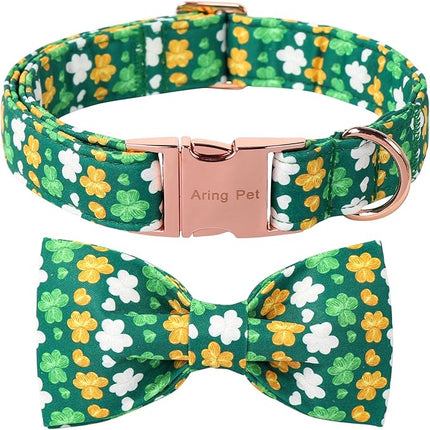ARING PET St Patrick's Day Dog Collar, Cute Green Clovers Adjustable Shamrock Bowtie Pet Collar for Small Medium Large Girl Boy Dogs-S