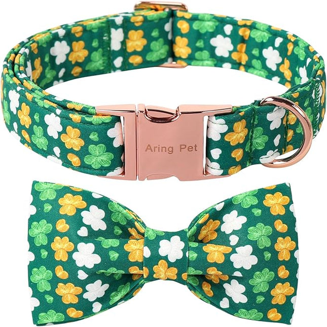 ARING PET St Patrick's Day Dog Collar, Cute Green Clovers Adjustable Shamrock Bowtie Pet Collar for Small Medium Large Girl Boy Dogs-S