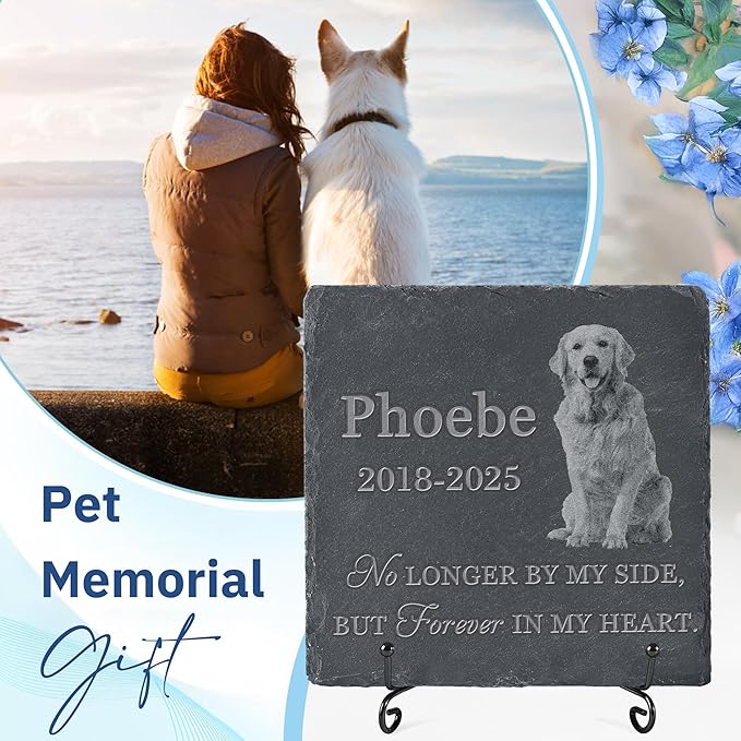 Pet Memorial Stone with Photo, Dog Memorial Gifts for Loss of Dog, Personalized Pet Memorial Gifts, Pet Loss Gift - Forever in My Heart（Square）