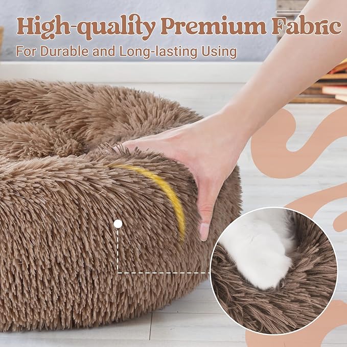 rabbitgoo Cat Beds for Indoor, 20 inches Machine Washable, Fluffy Round Pet Bed Non-Slip, Calming Soft Plush Donut Cuddler Cushion Self Warming for Small Dogs Kittens, Light Brown, Medium