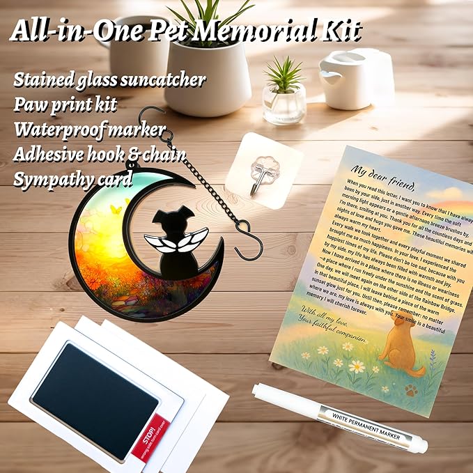 Dog Memorial Gift for Loss of Dog – DIY Angel Memorial Suncatcher & Paw Print Kit for Dogs with Sympathy Card | Pet Memorial Keepsake(Sunflower Glow)