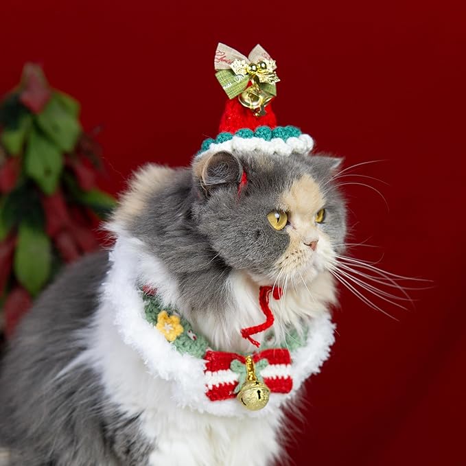 Christmas Cat Costume, Handmade Dog Holiday Outfit with Christmas Tree Hat & Wreath Scarf Set, Adjustable, Lightweight & Breathable, Pet Accessories for Xmas Party & Photos