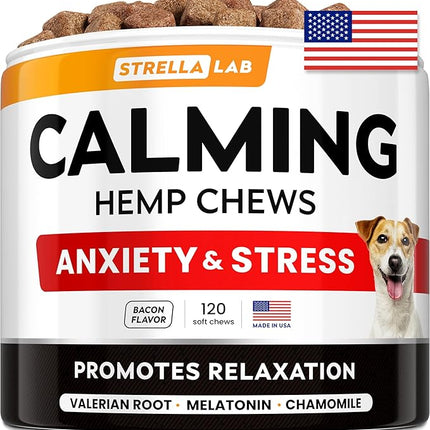 STRELLALAB Hemp Calming Chews for Dogs - Melatonin Dog Treats - Anxiety Relief - Calming Chews - Sleep & Stress Aid for Separation - 120ct Hickory Bacon Flavor