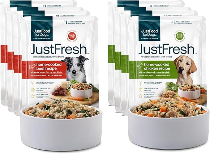 JustFoodForDogs JustFresh Home-Cooked Chicken and Beef Dog Food Variety Pack with No Preservatives, Resealable Packaging, Human Grade Wet Dog Food, 12 oz - 8 Pack