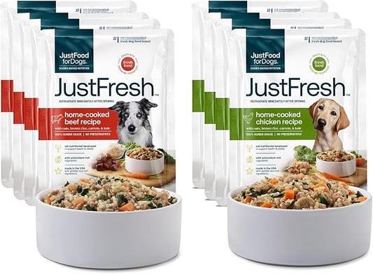 JustFoodForDogs JustFresh Home-Cooked Chicken and Beef Dog Food Variety Pack with No Preservatives, Resealable Packaging, Human Grade Wet Dog Food, 12 oz - 8 Pack