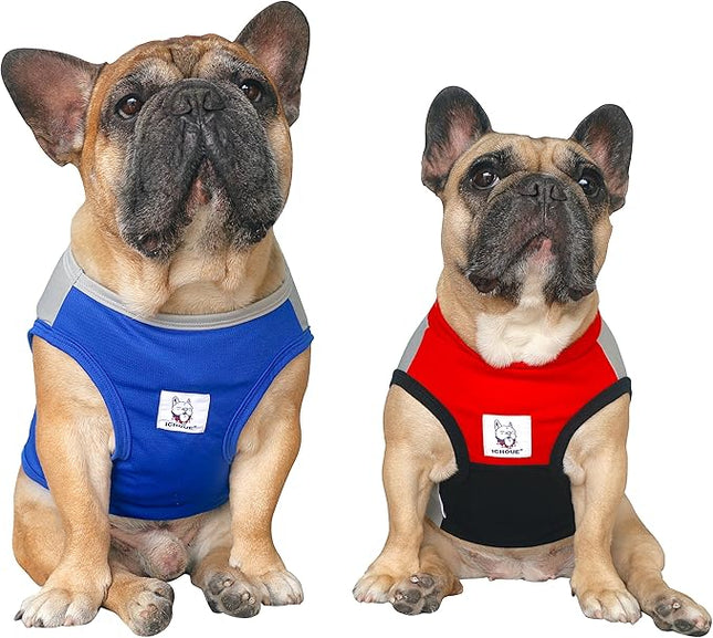 iChoue 2pcs French Bulldog Summer Cooling Shirt for Dogs UV Sun Protection Vest Sleeveless Breathable Tank Top English Pug Blue Grey Red Grey - Medium
