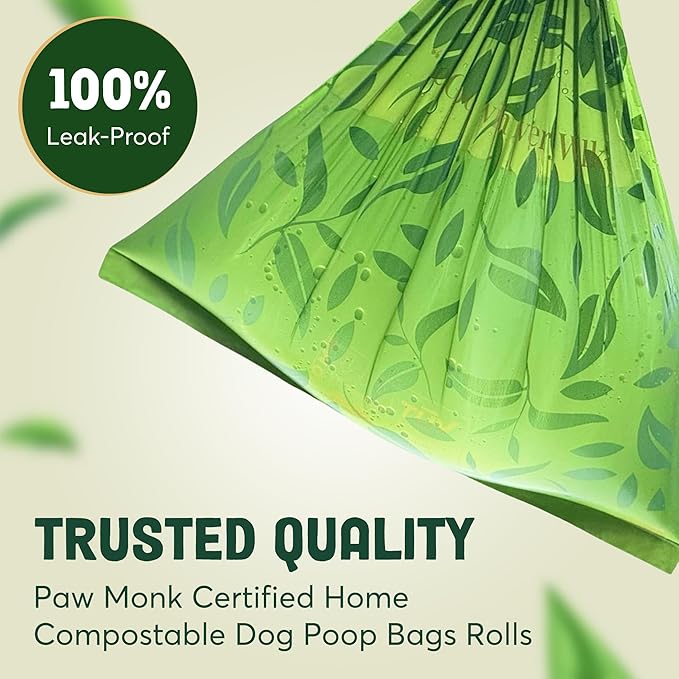 Paw Monk Certified Home Compostable Dog Poop Bags Rolls – Extra Thick, Strong & Leakproof, Easy Open – 120 Count Unscented Plant Based Pet Waste Bags