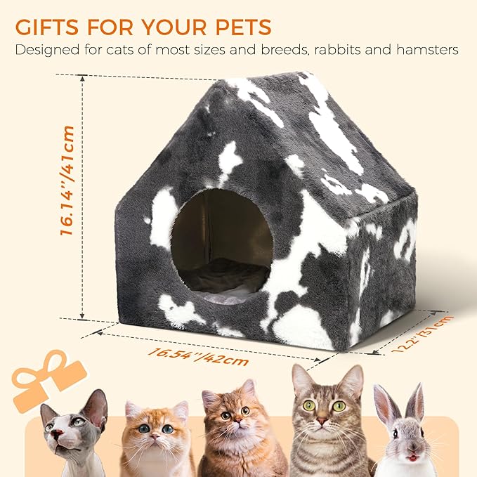 ComSaf Cat Bed House, Cat Cave for Indoor Cats with Fluffy Covered Cat Beds, Washable Cat House Hideaway Hut for Kitten Rabbit, Sturdy Beds & Furniture Gifts, Grey