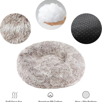 NOYAL Calming Donut Dog Bed for Small to Medium Dogs & Cats - Plush Faux Fur Anti-Anxiety Pet Bed with Machine Washable Cover & Non-Slip Base