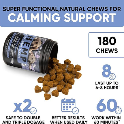 Calming Chews for Dogs with Hemp Oil - Dog Calming Treats with Duck Flavour - Aid During Thunderstorms, Fireworks, Separation, Car Rides - Hemp Dog Treats for Calming Support - 180 Chews
