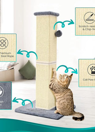 Cat Scratching Post 32 Inch for Indoor Large Cats and Kitten, Nature Sisal Tall Cat Scratch Post, Sisal Cat Scratcher Improve Cat's Scratching Habits and Protect Your Furniture, Grey
