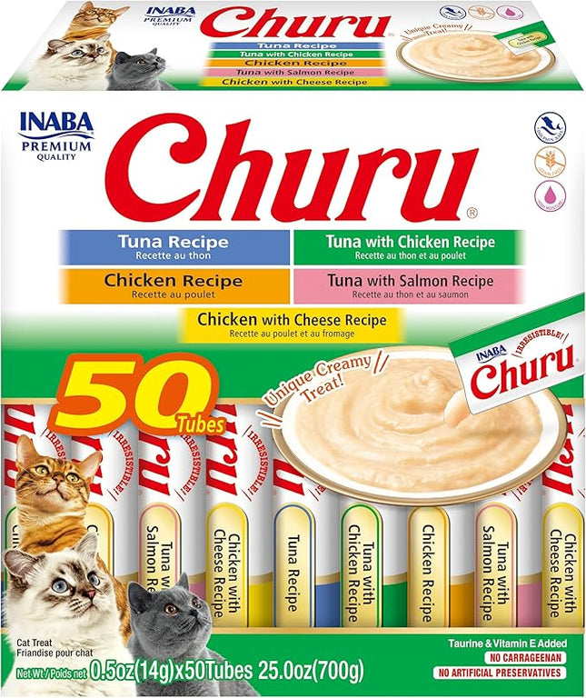 INABA Churu Cat Treats, Grain-Free, Creamy Purée Cat Treat/Topper, Tuna & Chicken Variety