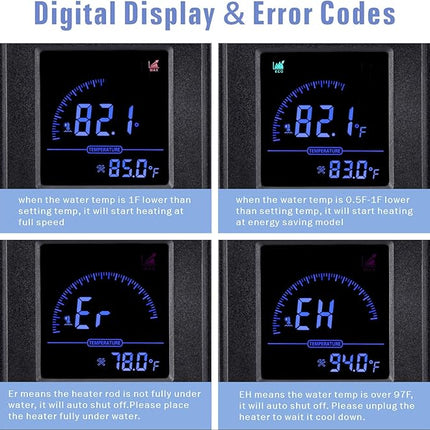 hygger 500W Metal Steel Aquarium Heater for Fresh Water, Digital Submersible Heater with Built-in Thermometer, External LCD Display Thermostat Controller, for Fish Tank 60-120 Gallon