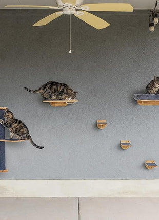 Cat Wall Shelves – Cat Wall Climber with Scratching Post, Removable Bed, Climbing Steps, and Feeding Terrace with Glass Bowls, Waterproof Rubberwood Pet Furniture