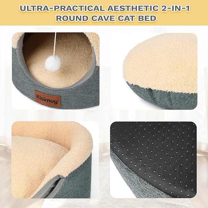 Cat Cave Bed for Indoor Cats, 2-in-1 Calming Anti-Anxiety House & Lounger, Durable Cozy Round Pet Bed with Cushioned Pillow & Anti-Slip Bottom for Small Dogs, 19.7 inches