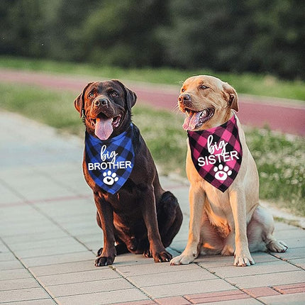 Big Brother Big Sister Dog Bandana, Plaid Pregnancy Announcement Dog Bandanas for Dogs (Blue and Pink, Big Brother and Big Sister)