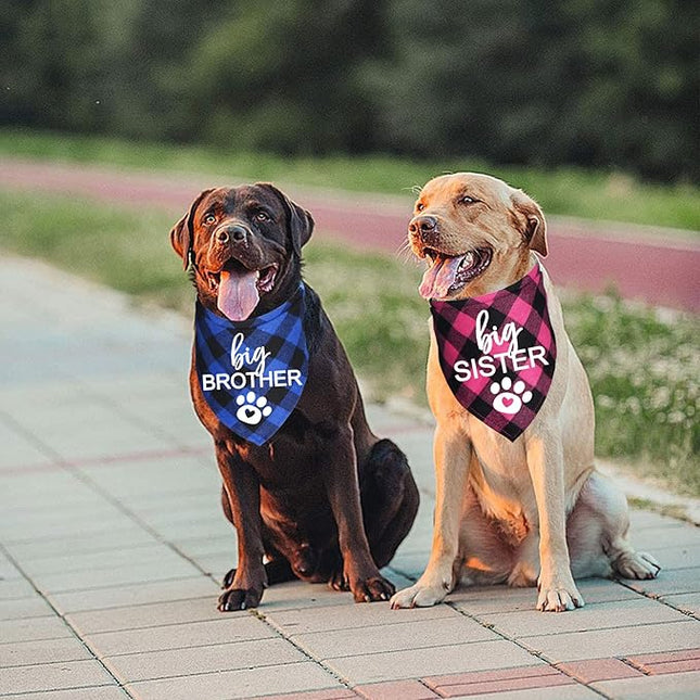 Big Brother Big Sister Dog Bandana, Plaid Pregnancy Announcement Dog Bandanas for Dogs (Blue and Pink, Big Brother and Big Sister)