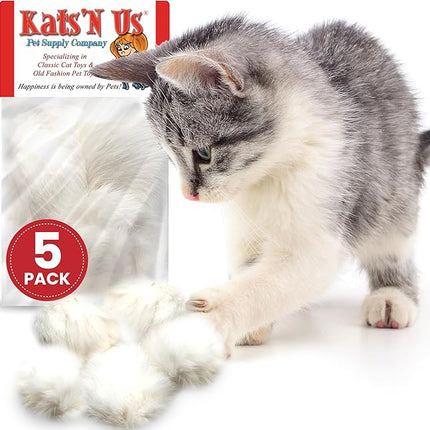 Kats'N Us Jumbo 5 Pack Real Rabbit Fur Pom Pom Cat Toy – White 2 Inch Fuzzy Balls for Cats & Kittens – Natural Interactive Cat Toys for Chasing, Batting & Hunting, Play & Indoor Entertainment