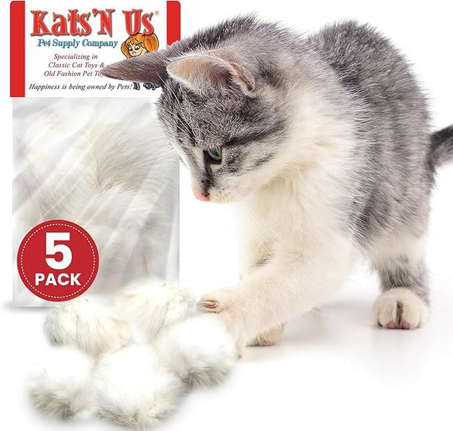 Kats'N Us Jumbo 5 Pack Real Rabbit Fur Pom Pom Cat Toy – White 2 Inch Fuzzy Balls for Cats & Kittens – Natural Interactive Cat Toys for Chasing, Batting & Hunting, Play & Indoor Entertainment