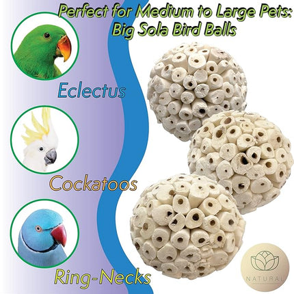 by M&M 5101 Big Sola Bird Balls Pk3 - Handmade Natural Sola Wood Chew Balls, Lightweight Pithy Bird Safe Material, Great Fun for Beaks and Feet, Ideal for Medium Size Pet Birds