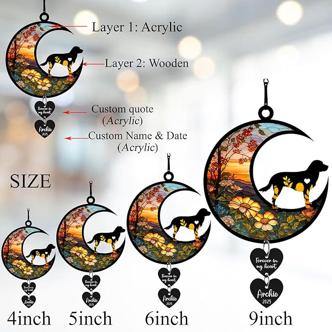 LOVELYPOD Personalized Dog Memorial Suncatcher Window, Pet Loss Sympathy Gift, Custom Fur Memorial Gifts for Loss of Pet, Dog Remembrance Stained Glass, Hanging Garden Decor with Moon