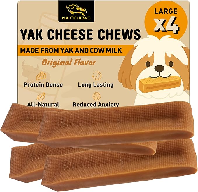 Himalayan Yak Cheese Dog Chews - Natural Healthy & Safe Treat for Large Dogs - Long Lasting Dental Chew Rich in Protein & Calcium - Gluten-Free Lactose-Free - 4 Chews for Large Dogs