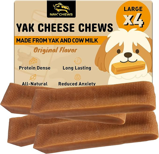 Himalayan Yak Cheese Dog Chews - Natural Healthy & Safe Treat for Large Dogs - Long Lasting Dental Chew Rich in Protein & Calcium - Gluten-Free Lactose-Free - 4 Chews for Large Dogs