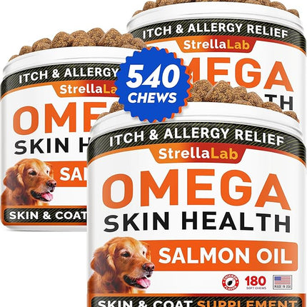 STRELLALAB Omega 3 for Dogs - (540Ct) Fish Oil Treats - Allergy & Itch Relief Skin&Coat Supplement - Dry Itchy Skin, Shedding, Hot Spots Treatment, Anti Itch - Pet Salmon Oil Chews - Chicken