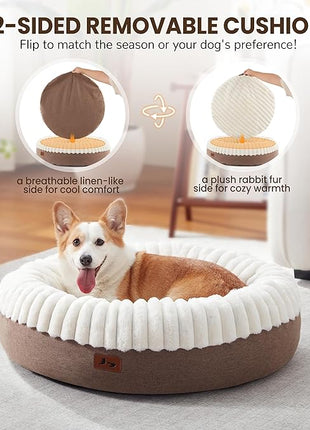 Calming Donut Dog Bed - 30" Round Washable Corduroy Fleece Pet Bed with Anti-Slip Bottom, Anti-Anxiety Cushion Bed for Small Medium Dogs and Cats