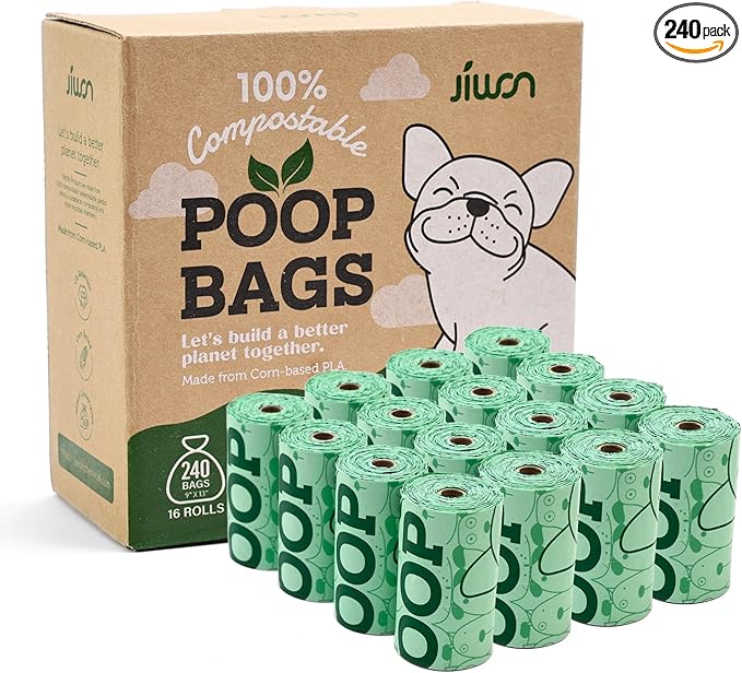 JIWON 100% Certified Home Compostable Dog Poop Bags, 240 Count (16 Rolls), 9"x13", OK Compost & Seedling, Thick & Leakproof, Plant Based Compostable Waste Bags, Unscented
