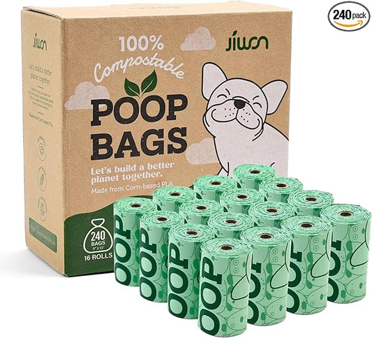 JIWON 100% Certified Home Compostable Dog Poop Bags, 240 Count (16 Rolls), 9"x13", OK Compost & Seedling, Thick & Leakproof, Plant Based Compostable Waste Bags, Unscented