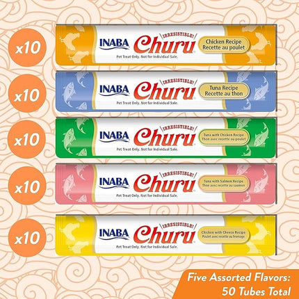 INABA Churu Cat Treats, Grain-Free, Creamy Purée Cat Treat/Topper, Tuna & Chicken Variety