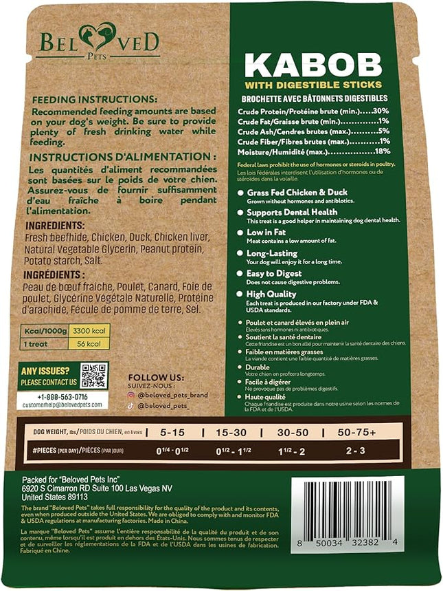 Beloved Pets Dog Treats Rawhide-Free Kabobs with Duck & Chicken Human Grade Meat 10.6 oz - All Natural Pet Dried Snacks & Grain Free Long Lasting Chews for Large & Small Dogs - Supports Healthy Teeth
