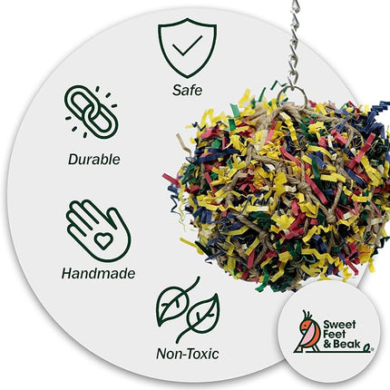 5” Super Shredder Ball Bird Toy - Fun Foraging Toys for Birds w/ Colorful Paper & Wooden Treasures - Easy to Hang Shredding Toys for Birds - Bird Shredding Toys for Cockatiels, Parrots & More