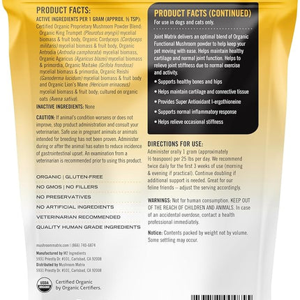 Om Mushroom Matrix Pet - Canine | Joint & Hip Function | USA Grown Human-Grade Organic Mushroom Powder Pet Supplement | Promotes Resilient Bones & Joints for Dogs & Cats | 100 Grams, 3.5 oz