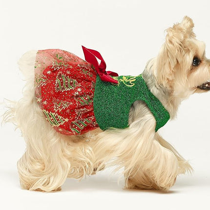 Fitwarm Sparkly Dog Christmas Outfit, Tulle Dress, Winter Clothes for Small Dogs, Christmas Tree Outfit, Red, Green, Golden, XS