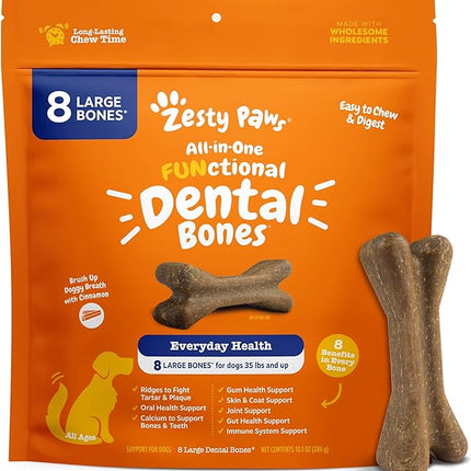 Zesty Paws Dental Bones - Fights Tartar & Plaque - Gum, Teeth & Bone Health - Cinnamon for Dog Breath - Immune, Joint, Gut, Skin & Coat Support - Omega 3 EPA & DHA and Calcium - Large Dogs - 8 ct
