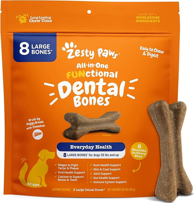 Zesty Paws Dental Bones - Fights Tartar & Plaque - Gum, Teeth & Bone Health - Cinnamon for Dog Breath - Immune, Joint, Gut, Skin & Coat Support - Omega 3 EPA & DHA and Calcium - Large Dogs - 8 ct