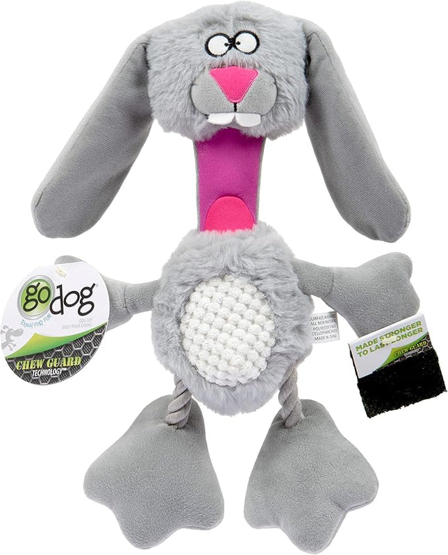 goDog Multi Tugs Rabbit Squeaky Plush & Rope Dog Toy, Chew Guard Technology - Gray, Small